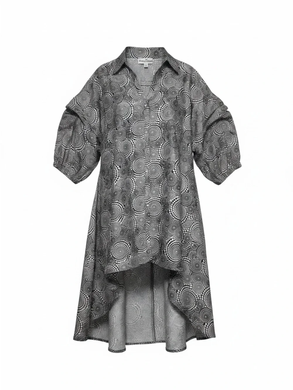 Spiral Print High-Low Oversized Shirt Dress w/ Poof Sleeve & Gemstone Buttons